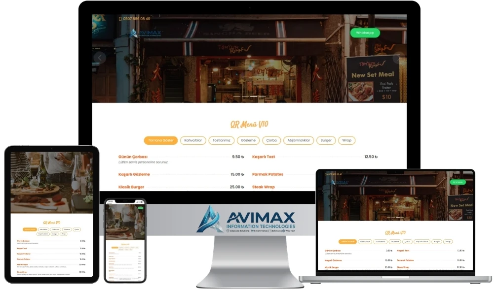 Temassız Bulut ve Ödeme Sistemli Dijital Menü | QR Menü V10 - Avimax